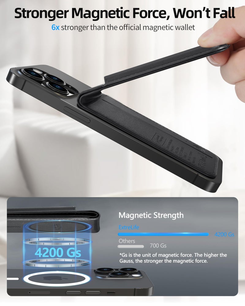 ExtreLife for Magsafe Wallet, Works with Apple Find My, Strongest Magnetic Wallet for iPhone 17/16/15/14/13/12 Series, for iPhone Walle t with Adjustable Stand, 6 Cards Holder, Vegan Leather, Black - Image 4