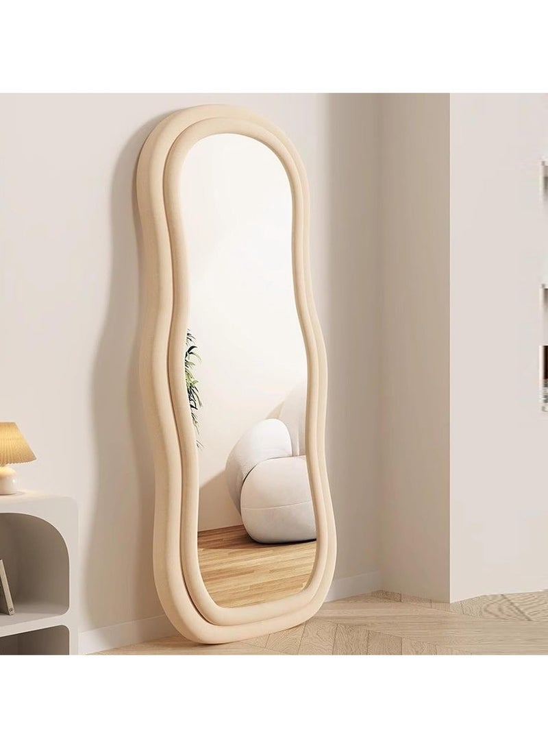 Vparty 60x160cm Full-Length Mirror with Irregular Wavy Arched Design, Beige Flannel-Wrapped Wooden Frame, Standing, Hanging, or Leaning, Stylish Full Body Mirror for Bedroom, Living Room, Entryway, Modern Home Décor  - Image 1
