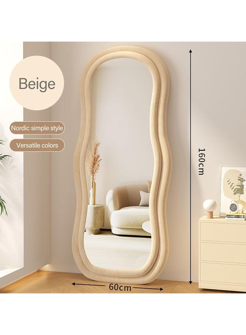 Vparty 60x160cm Full-Length Mirror with Irregular Wavy Arched Design, Beige Flannel-Wrapped Wooden Frame, Standing, Hanging, or Leaning, Stylish Full Body Mirror for Bedroom, Living Room, Entryway, Modern Home Décor  - Image 2