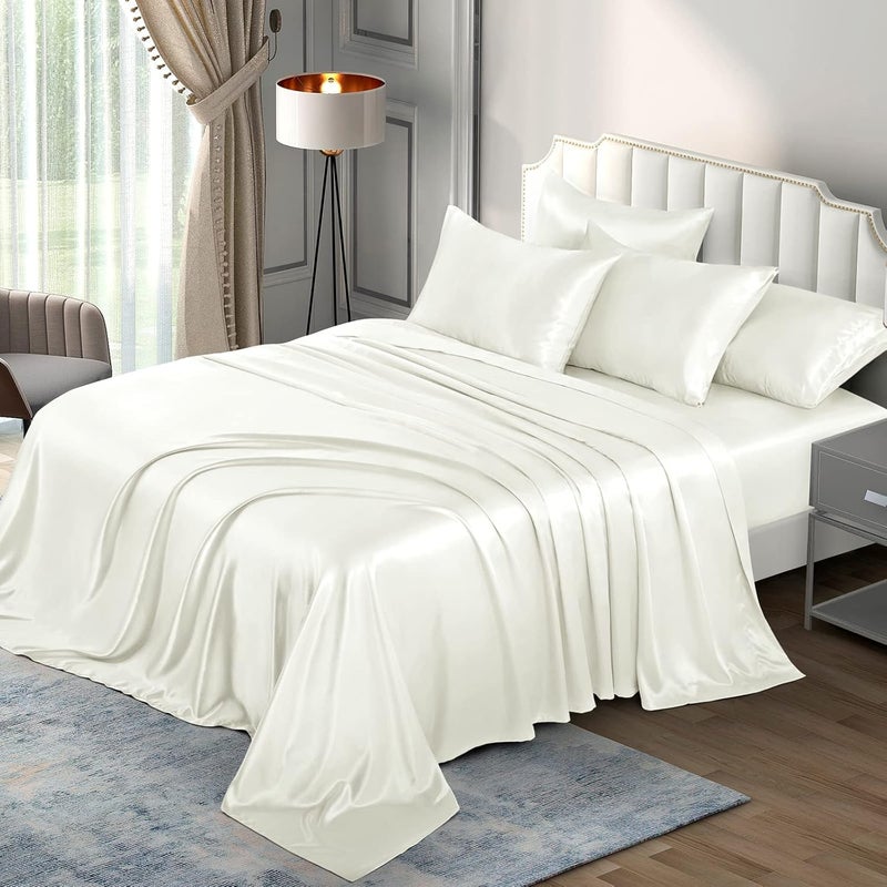 P Pothuiny 6 Pieces King Satin Sheets Luxury Silky Ivory White Satin Bedding Sheet Set, 1 Deep Pocket Fitted Sheet + 1 Flat Sheet + 4 Pillow Cases - Image 3