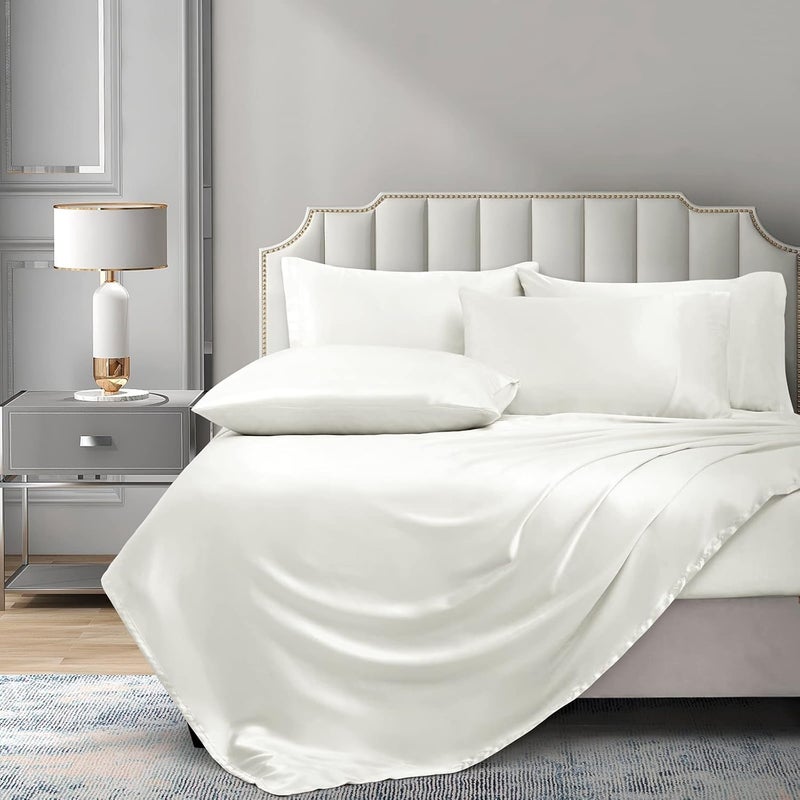P Pothuiny 6 Pieces King Satin Sheets Luxury Silky Ivory White Satin Bedding Sheet Set, 1 Deep Pocket Fitted Sheet + 1 Flat Sheet + 4 Pillow Cases - Image 2
