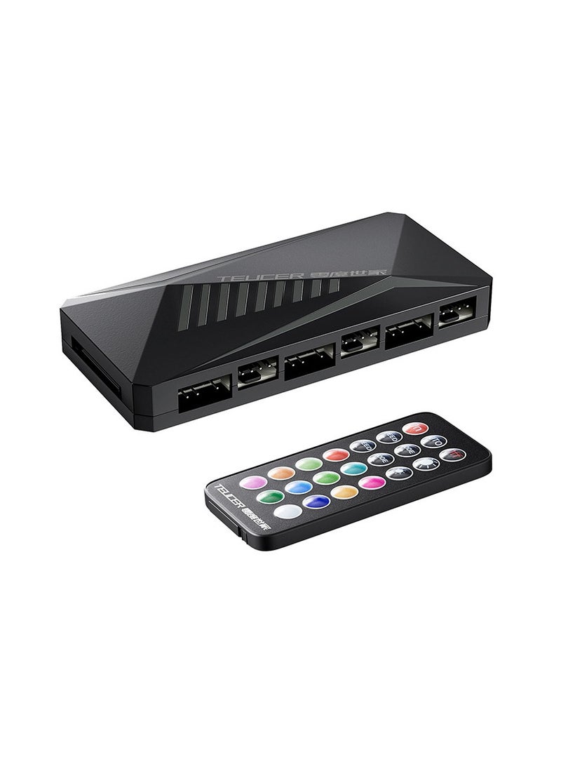 KASTWAVE ARGB Fan HUB Controller, PWM Fan Hub Support 6 Groups of Fans for Addressable 3Pin ARGB & 4Pin PWM, 2-in-1 RGB Case Fan Hub with Remote Control, Hidden Magnetic Base and SATA Power - Image 1