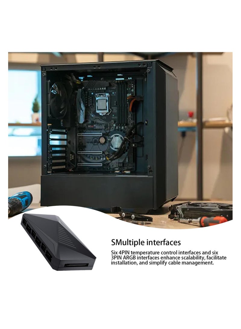 KASTWAVE ARGB Fan HUB Controller, PWM Fan Hub Support 6 Groups of Fans for Addressable 3Pin ARGB & 4Pin PWM, 2-in-1 RGB Case Fan Hub with Remote Control, Hidden Magnetic Base and SATA Power - Image 2