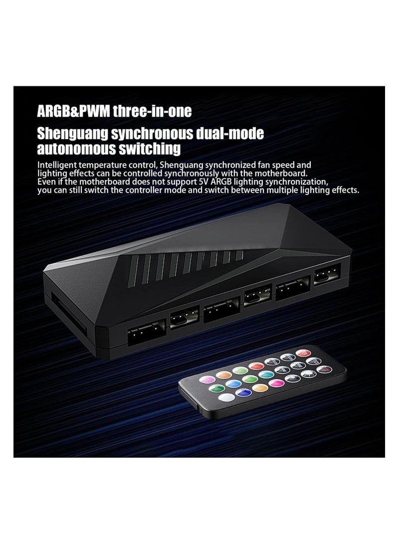 KASTWAVE ARGB Fan HUB Controller, PWM Fan Hub Support 6 Groups of Fans for Addressable 3Pin ARGB & 4Pin PWM, 2-in-1 RGB Case Fan Hub with Remote Control, Hidden Magnetic Base and SATA Power - Image 3