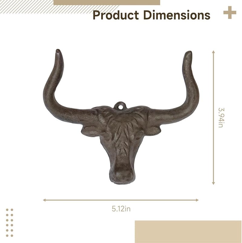 مجموعة من 2 خطاف حائط برأس ثور من الحديد الريفي للمعاطف والقبعات والمفاتيح والمناشف، ديكور منزل ريفي قديم - Image 3