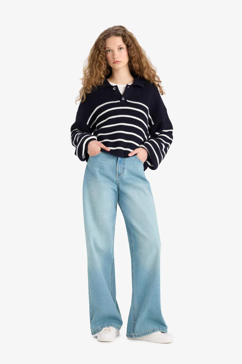 DeFacto Relax Fit Polo Collar Buttoned Stripped Knit Pullover