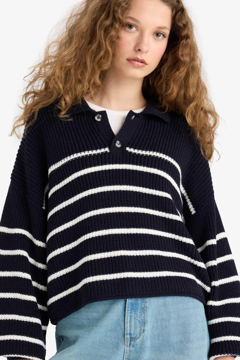 DeFacto Relax Fit Polo Collar Buttoned Stripped Knit Pullover