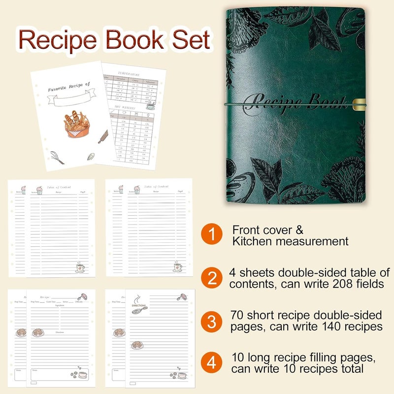 GoShambar Blank Recipe Book To Write In Your Own Recipes, Leather Recipe Notebook, Recipe Journal Hold 150 Recipes(Long Recipes & Short Recipes) (Green) - Image 3