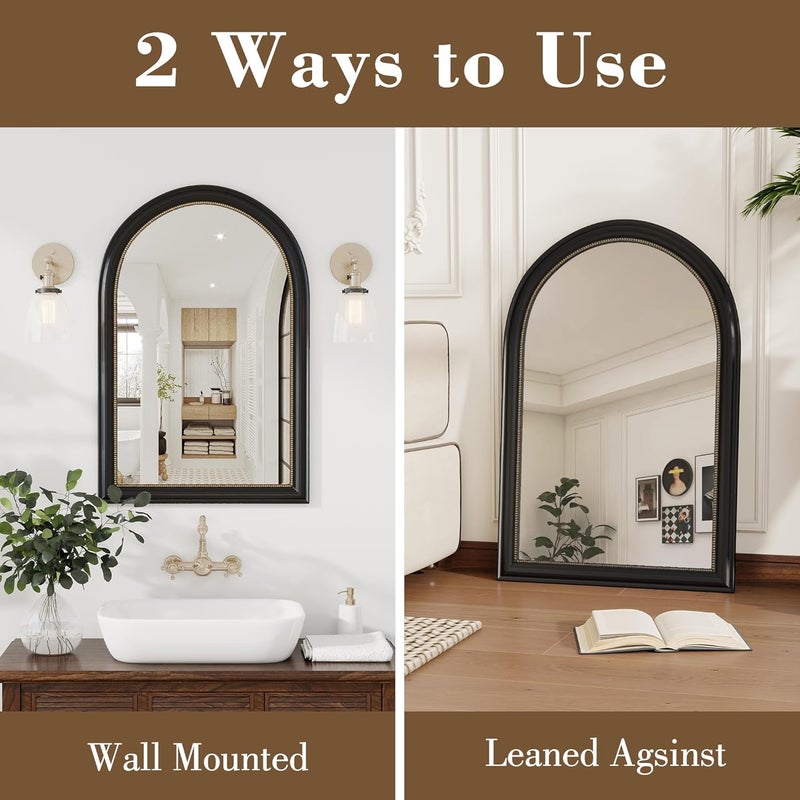 Axeman 22x30 Arched Wall Mirror, Decorative Bathroom Mirror, Traditional Vintage Wall Mounted Mirror with Beaded Frame for Accent Living Room Vanity Bedroom Entryway, Black - Image 4