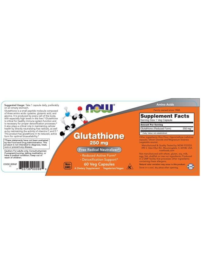 Now Foods Glutathione Dietary Supplement 250mg - 60 Veg Capsules - Image 3