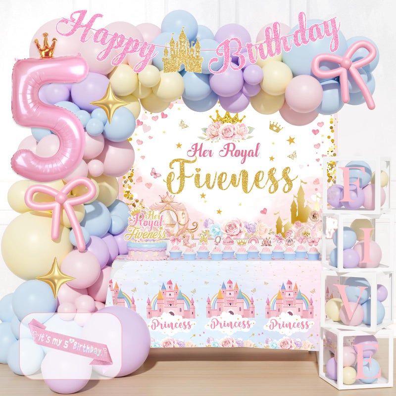 Fiesec Princess Birthday Party Decorations 5 Year Old, 145 PCs - Her Royal Fiveness Party Supplies with Fairytale Backdrop, Balloon Garland, Number 5 Foil Balloon, Itâ€™s My 5th Birthday Sash - Image 1