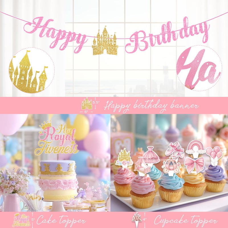 Fiesec Princess Birthday Party Decorations 5 Year Old, 145 PCs - Her Royal Fiveness Party Supplies with Fairytale Backdrop, Balloon Garland, Number 5 Foil Balloon, Itâ€™s My 5th Birthday Sash - Image 5