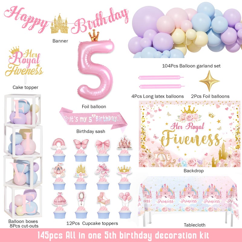 Fiesec Princess Birthday Party Decorations 5 Year Old, 145 PCs - Her Royal Fiveness Party Supplies with Fairytale Backdrop, Balloon Garland, Number 5 Foil Balloon, Itâ€™s My 5th Birthday Sash - Image 3