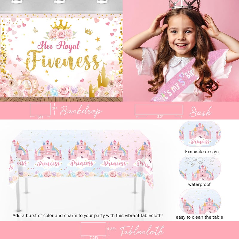 Fiesec Princess Birthday Party Decorations 5 Year Old, 145 PCs - Her Royal Fiveness Party Supplies with Fairytale Backdrop, Balloon Garland, Number 5 Foil Balloon, Itâ€™s My 5th Birthday Sash - Image 4