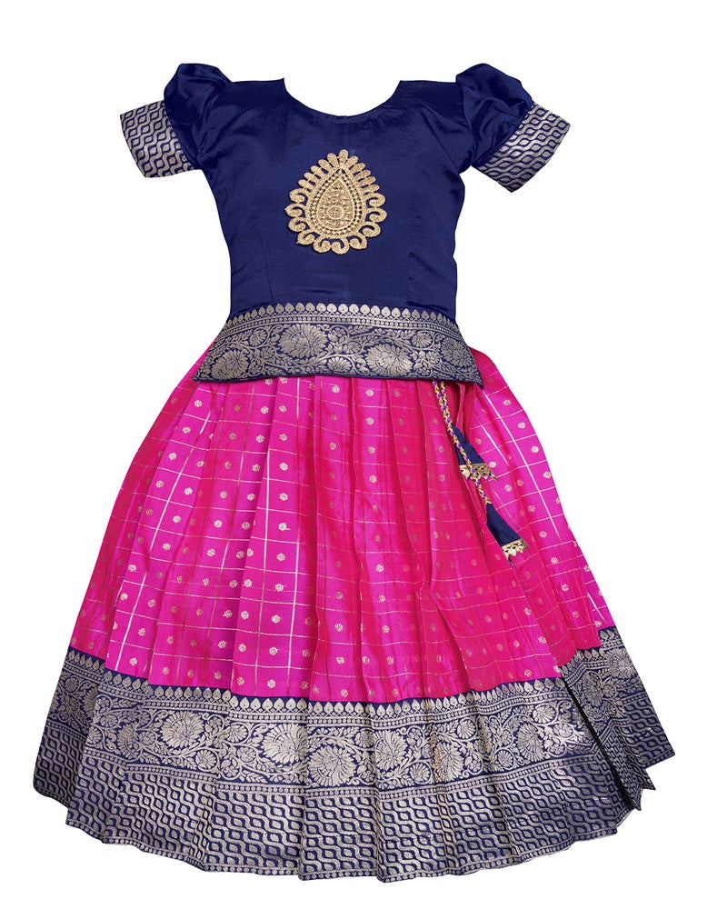 Suzvan New South Indian Traditional Pattu Pavadai Tapeta Silk Lehenga Choli For Girls Dress (Blue & Pink, 3-4 Years) - Image 1
