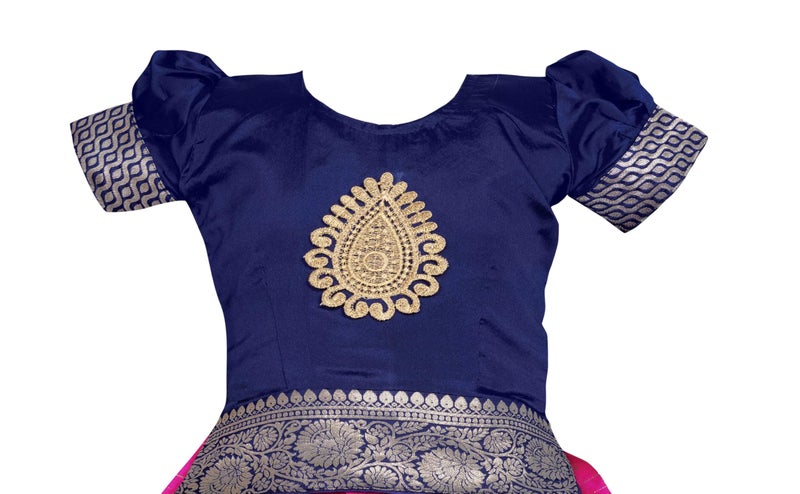 Suzvan New South Indian Traditional Pattu Pavadai Tapeta Silk Lehenga Choli For Girls Dress (Blue & Pink, 3-4 Years) - Image 3