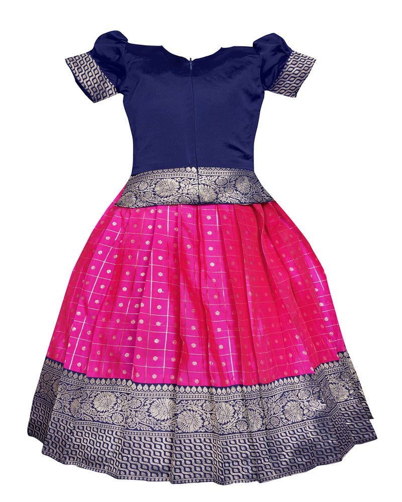 Suzvan New South Indian Traditional Pattu Pavadai Tapeta Silk Lehenga Choli For Girls Dress (Blue & Pink, 3-4 Years) - Image 2