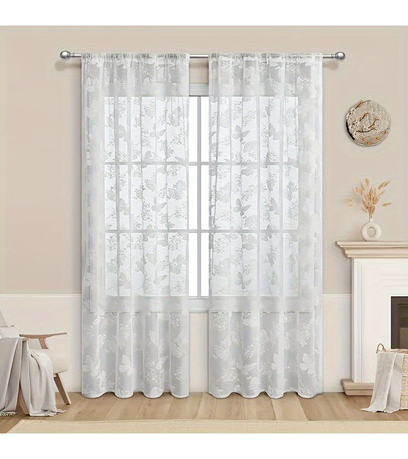 1pc Romantic Lace Butterfly Floral Curtain White W39inch H62inch For Living Room Bedroom Wedding Transparent Door Porch Study Home Decoration - Image 1