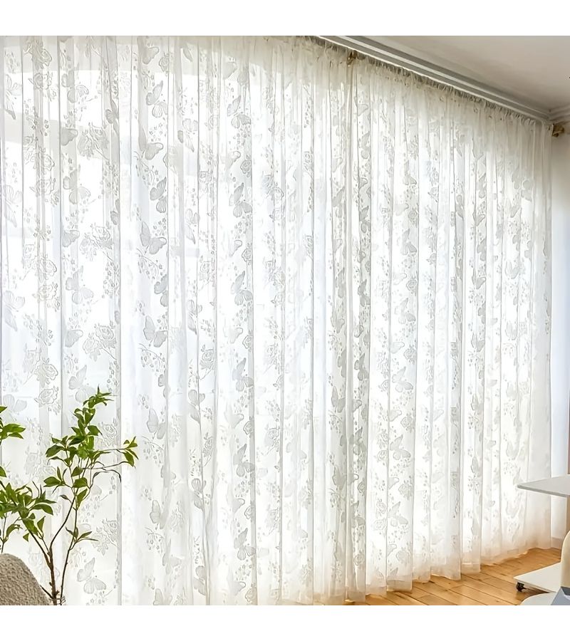 1pc Romantic Lace Butterfly Floral Curtain White W39inch H62inch For Living Room Bedroom Wedding Transparent Door Porch Study Home Decoration - Image 2