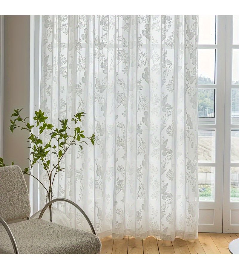 1pc Romantic Lace Butterfly Floral Curtain White W39inch H62inch For Living Room Bedroom Wedding Transparent Door Porch Study Home Decoration - Image 4