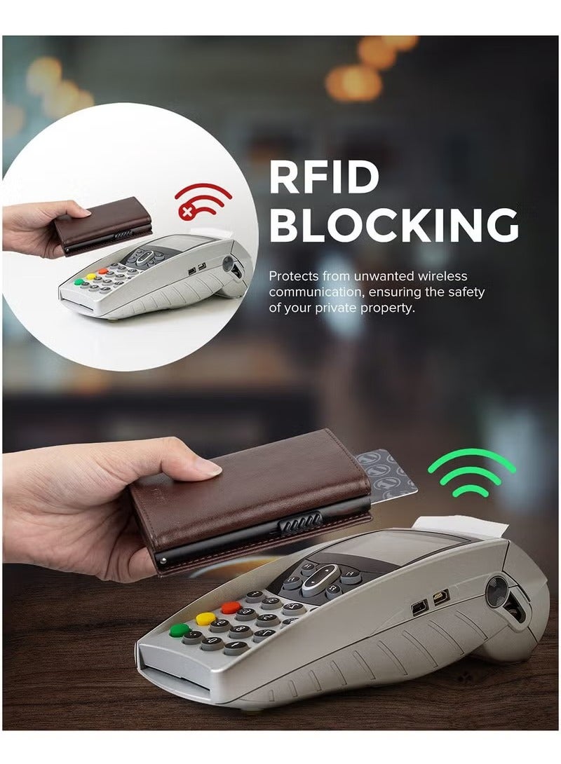 Credit Card Holder RFID Blocking Genuine Leather Pop Up Anti Theft Card Wallet with Banknote Compartment, ID Window, Coin Pocket and Magnetic Closure for Men Gifts - Image 4