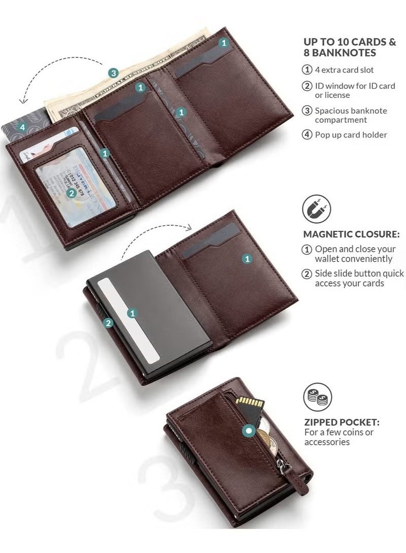 Credit Card Holder RFID Blocking Genuine Leather Pop Up Anti Theft Card Wallet with Banknote Compartment, ID Window, Coin Pocket and Magnetic Closure for Men Gifts - Image 2