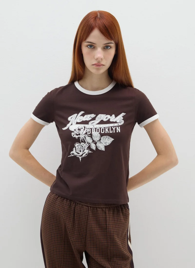 او في اس OVS Brown Regular Fit Stretch Cotton T-Shirt