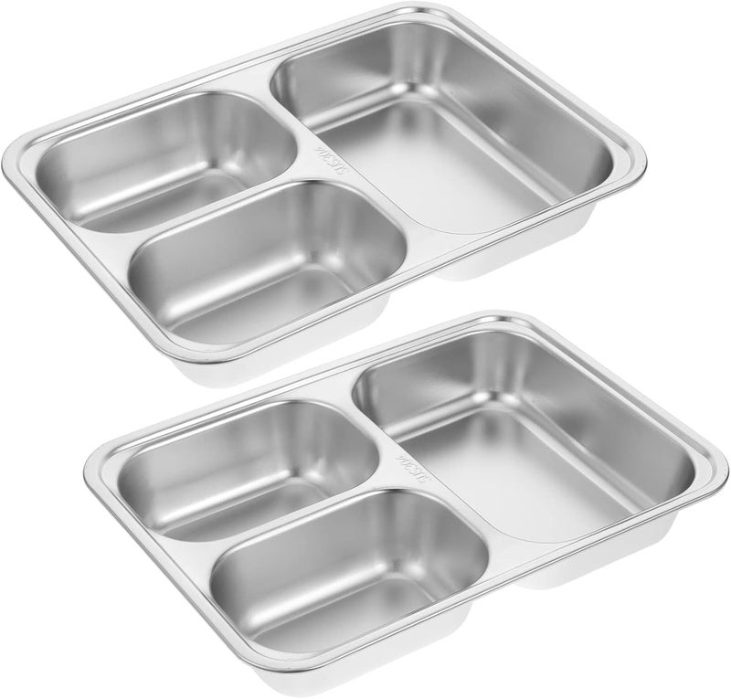 woobles 2pcs Stainless Steel Rectangular Divided Dinner Tray 3 Sections Dinner Plates Metal Plate for Campers and Portion Control - Image 1