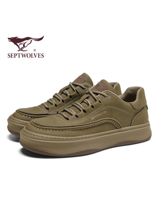 Septwolves Men's Casual Leather Sneakers Solid Color Durable Men's Sneakers W86343760702 Khaki Size 43 - Image 1