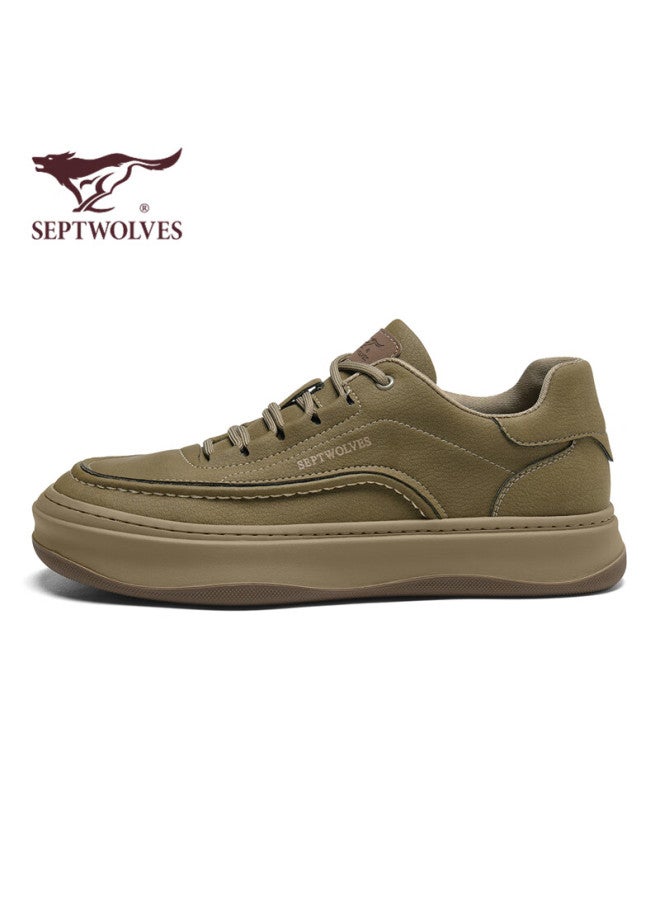 Septwolves Men's Casual Leather Sneakers Solid Color Durable Men's Sneakers W86343760702 Khaki Size 43 - Image 2