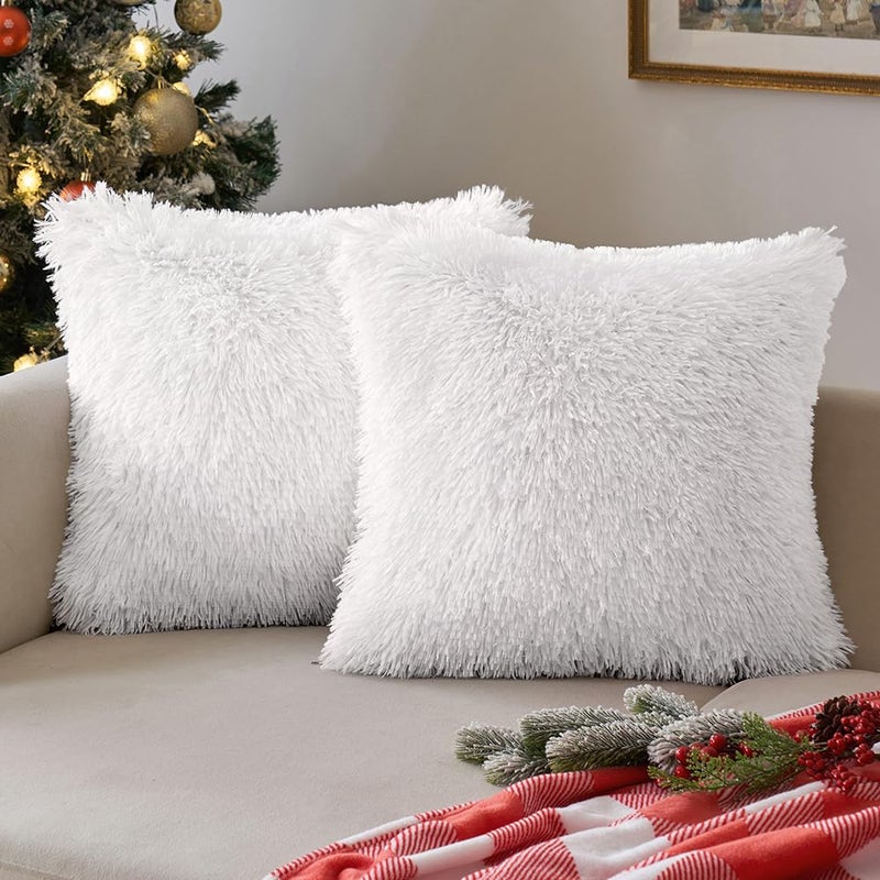 ANRODUO Pack of 2 Christmas Pillow Covers Luxury Faux Fur Series Throw Pillow Covers Decorative Shaggy Fluffy Plush Cushion Mongolian Merino Style for Sofa Couch 18 x 18 Inch Christmas Decor White