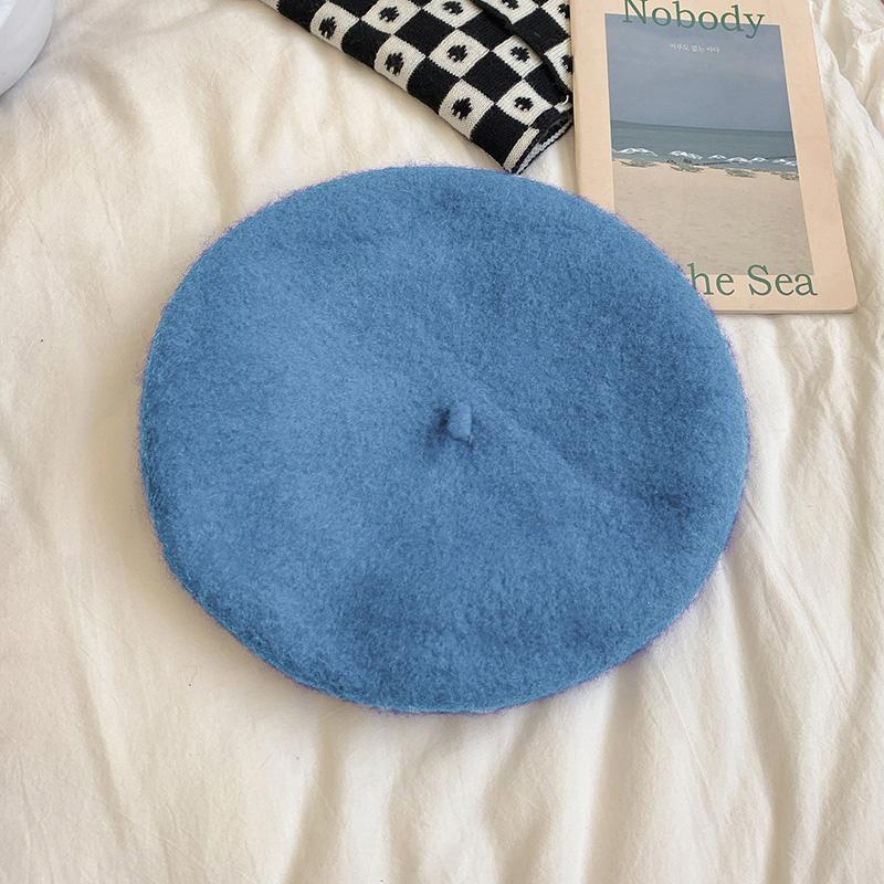 Womens Autumn/winter Korean Style Vintage Candy Color Woolen Beret Hat Self-designed Warm Stylish For Skullies Beanies Light Blue 