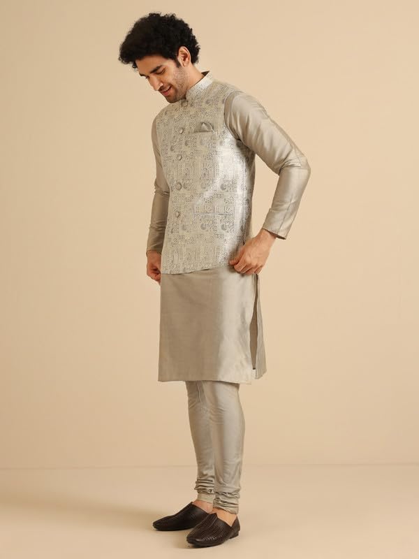 KISAH Nehru Jacket for Men – Textured Silk Blend Jacquard Modi Jacket | Ethnic & Formal Waist Coat for Weddings, Parties & Office Wear, Grey, 42 - Image 2