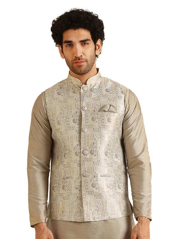 KISAH Nehru Jacket for Men – Textured Silk Blend Jacquard Modi Jacket | Ethnic & Formal Waist Coat for Weddings, Parties & Office Wear, Grey, 42 - Image 1