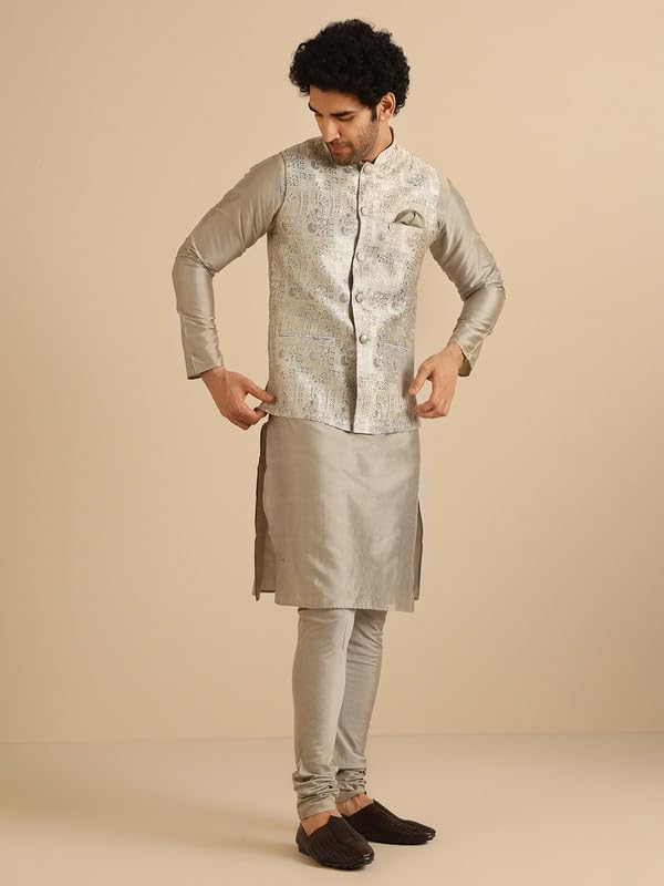 KISAH Nehru Jacket for Men – Textured Silk Blend Jacquard Modi Jacket | Ethnic & Formal Waist Coat for Weddings, Parties & Office Wear, Grey, 42 - Image 3