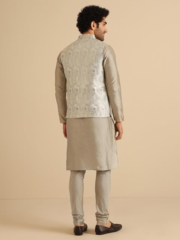KISAH Nehru Jacket for Men – Textured Silk Blend Jacquard Modi Jacket | Ethnic & Formal Waist Coat for Weddings, Parties & Office Wear, Grey, 42 - Image 4