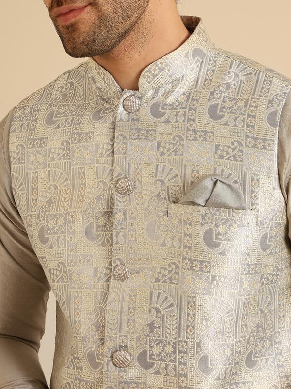 KISAH Nehru Jacket for Men – Textured Silk Blend Jacquard Modi Jacket | Ethnic & Formal Waist Coat for Weddings, Parties & Office Wear, Grey, 42 - Image 5