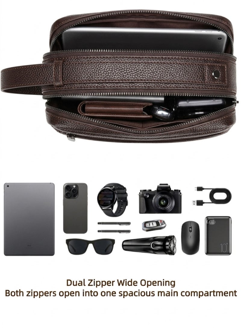NOYE Men’s Double Wrist Strap Clutch Bag – Water-Resistant Travel Organizer with Multiple Compartments, Card Slots & Adjustable Handle, 22×13×8 cm-Brown - Image 2