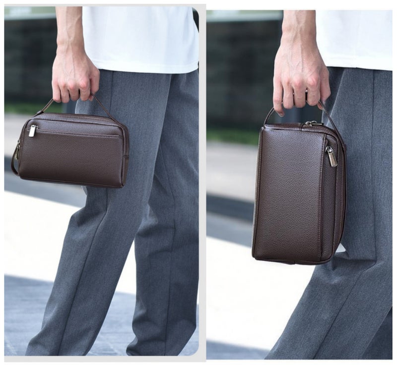 NOYE Men’s Double Wrist Strap Clutch Bag – Water-Resistant Travel Organizer with Multiple Compartments, Card Slots & Adjustable Handle, 22×13×8 cm-Brown - Image 5