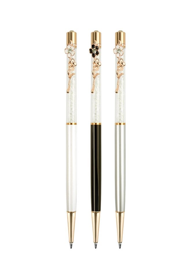 RANBOS Ballpoint Pens Set Crystal Diamond Metal Pen with Flowers for Journaling in Black Ink for Women Girls Galentine's Day Gifts Wedding Birthday School Office (Black+Silver+white) - Image 1
