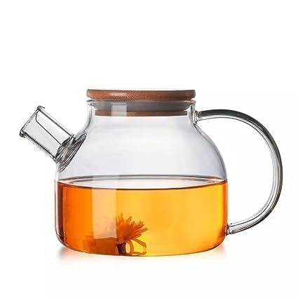 EXOMOON Teapot Kettle Round with Heat Resistant Perfect for Tea and Coffee Maker Clear Leaf Glass Kettle Teapot Bamboo Wooden Lid for Home Office 1000ml Pack of 1 - Image 1