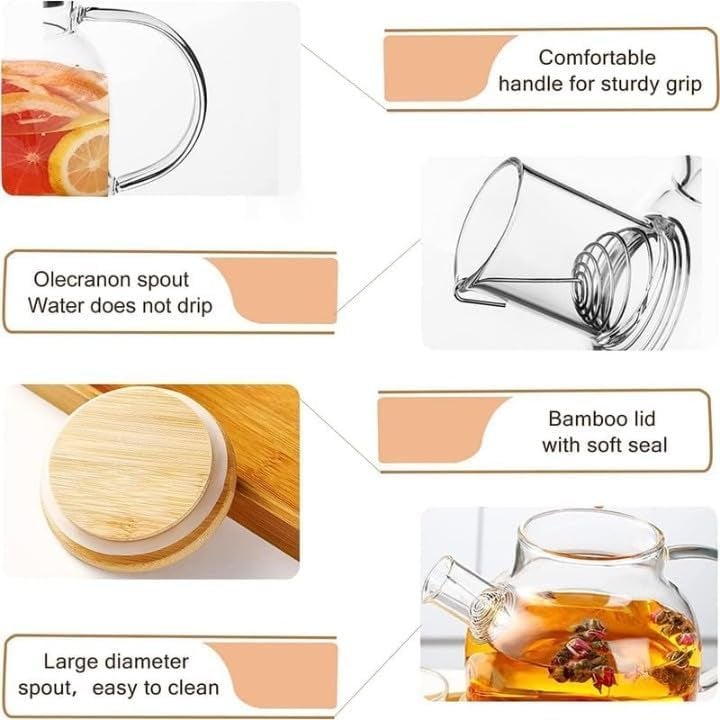 EXOMOON Teapot Kettle Round with Heat Resistant Perfect for Tea and Coffee Maker Clear Leaf Glass Kettle Teapot Bamboo Wooden Lid for Home Office 1000ml Pack of 1 - Image 3