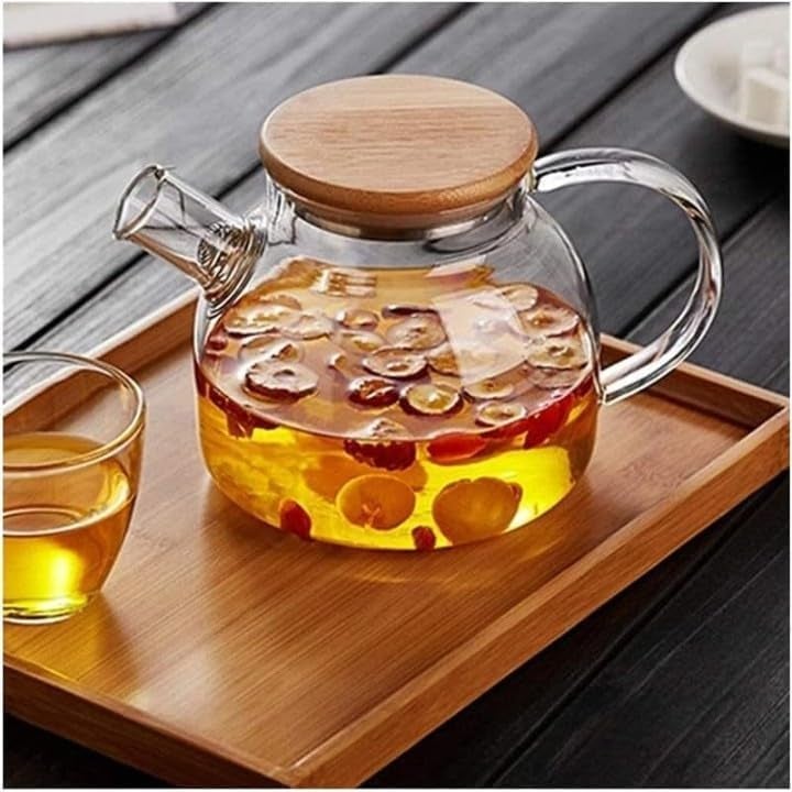 EXOMOON Teapot Kettle Round with Heat Resistant Perfect for Tea and Coffee Maker Clear Leaf Glass Kettle Teapot Bamboo Wooden Lid for Home Office 1000ml Pack of 1 - Image 2