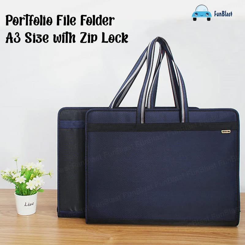 FunBlast محفظة ملفات بحجم A3 مع قفل سحاب – حقيبة تخزين ملفات بـ 12 جيب، حقيبة تنظيم ملفات السفر، حامل ملفات الفنانين/الشهادات (أزرق داكن) - Image 3