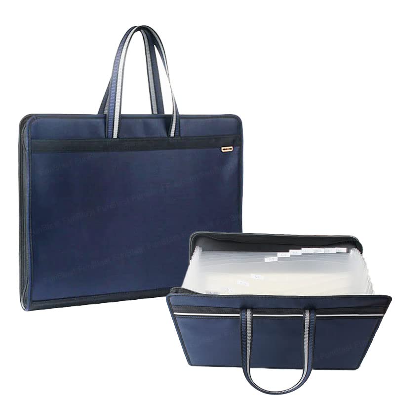 FunBlast محفظة ملفات بحجم A3 مع قفل سحاب – حقيبة تخزين ملفات بـ 12 جيب، حقيبة تنظيم ملفات السفر، حامل ملفات الفنانين/الشهادات (أزرق داكن) - Image 1