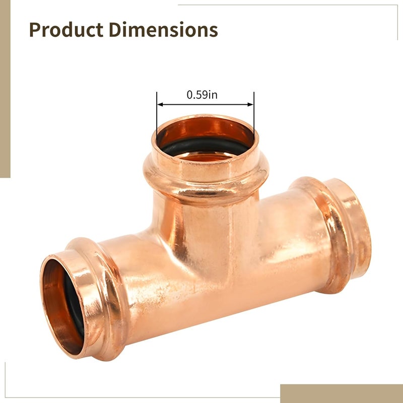 15Mm Copper Press Fitting Tee, Double Press Plumbing Connector, Lead-Free, T-Shape Coupling For Water Heating Systems - Image 3