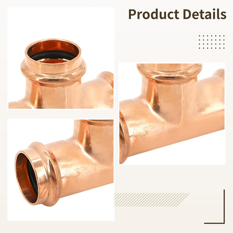 15Mm Copper Press Fitting Tee, Double Press Plumbing Connector, Lead-Free, T-Shape Coupling For Water Heating Systems - Image 5