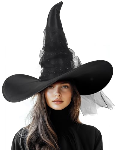 UQJE Women's Large Witch Hat Adult Black Mesh Witches Hat Halloween Costume - Image 1