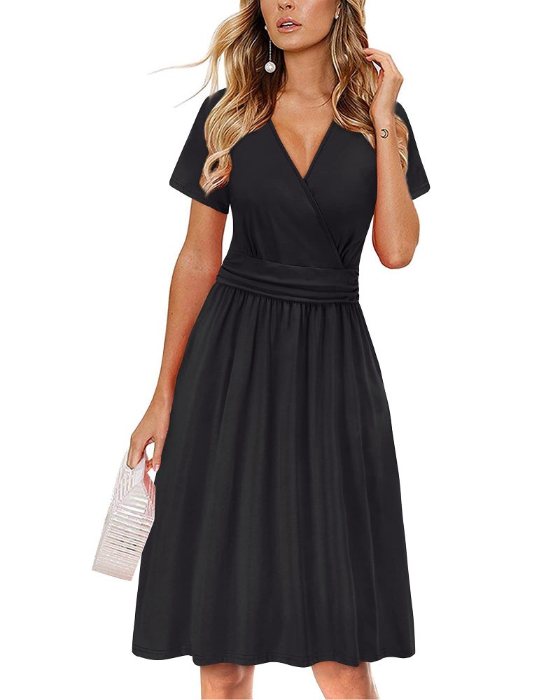 OUGES Women's Summer Wedding Guest Dress for Women 2025 Spring Short Sleeve V-Neck Wrap Casual Party Dress with Pockets(Black,M) - Image 1