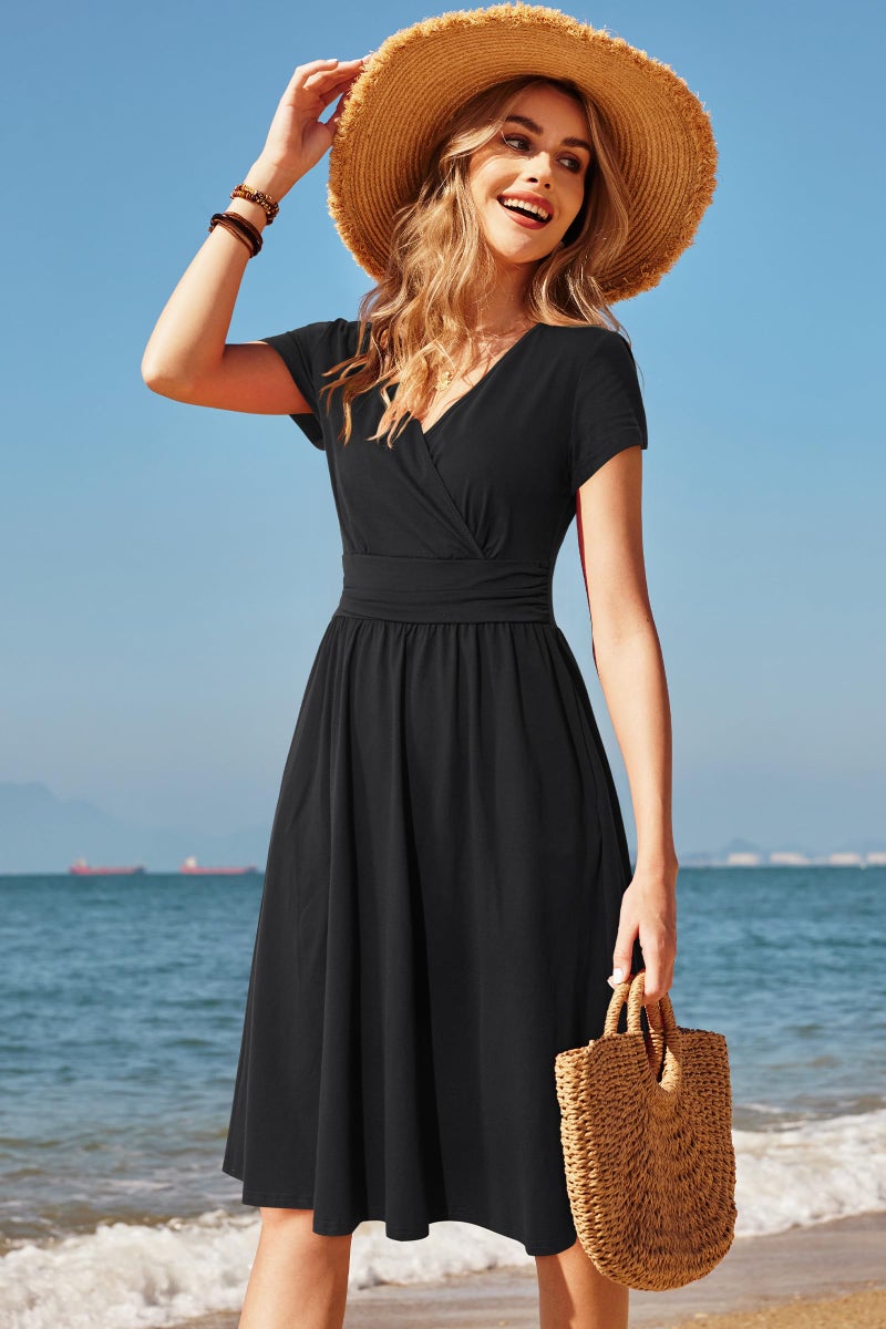 OUGES Women's Summer Wedding Guest Dress for Women 2025 Spring Short Sleeve V-Neck Wrap Casual Party Dress with Pockets(Black,M) - Image 4